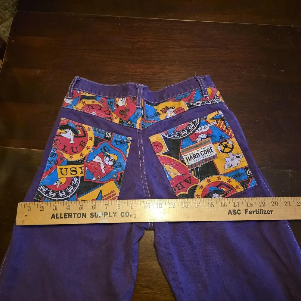 Vintage 90s Hard Core Purple Denim Jeans Cartoon Graphic Pockets 27x28 Y2K Retro